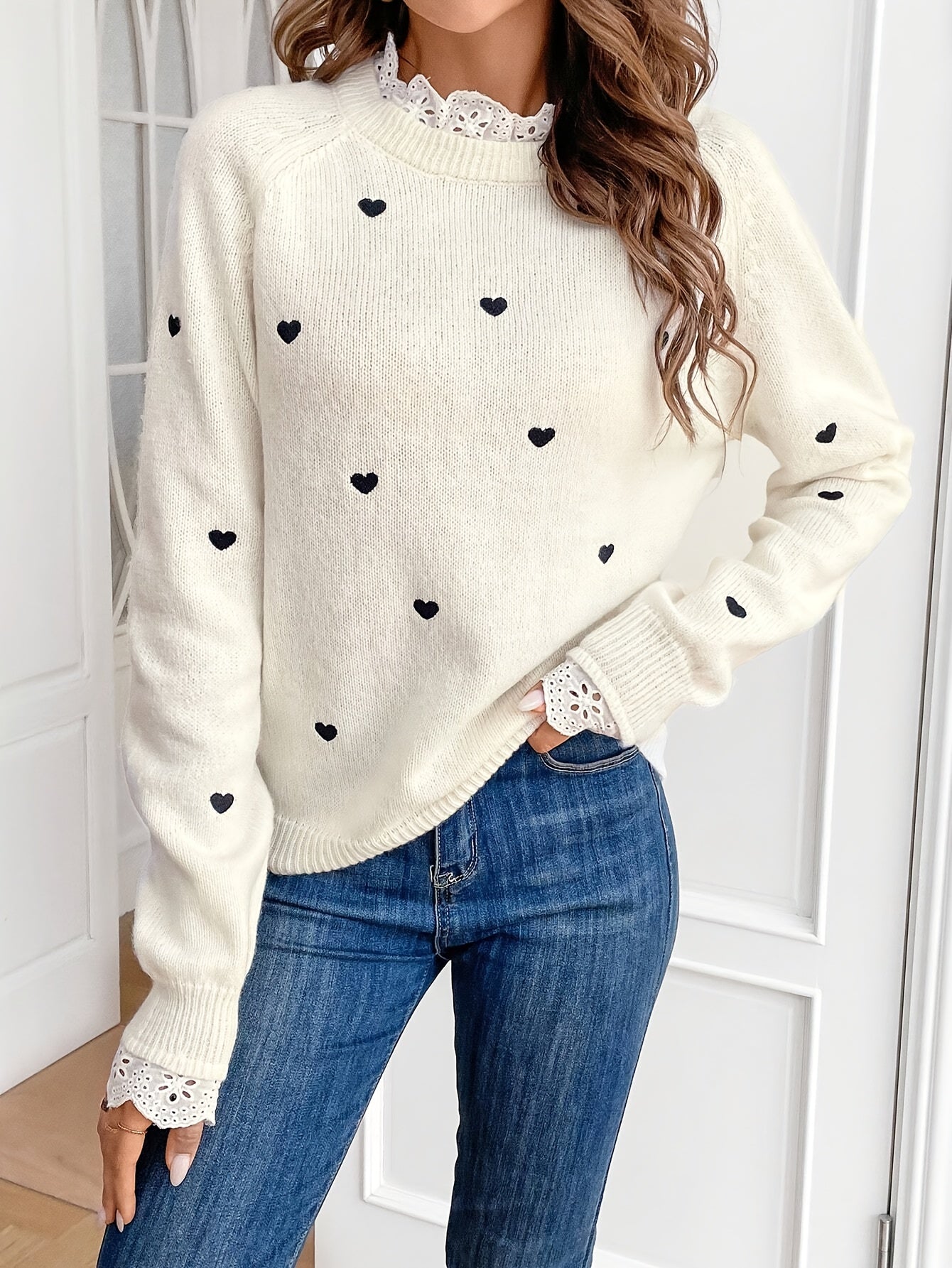 Amara | Lace Trim Heart Sweater – Ivory White Pullover
