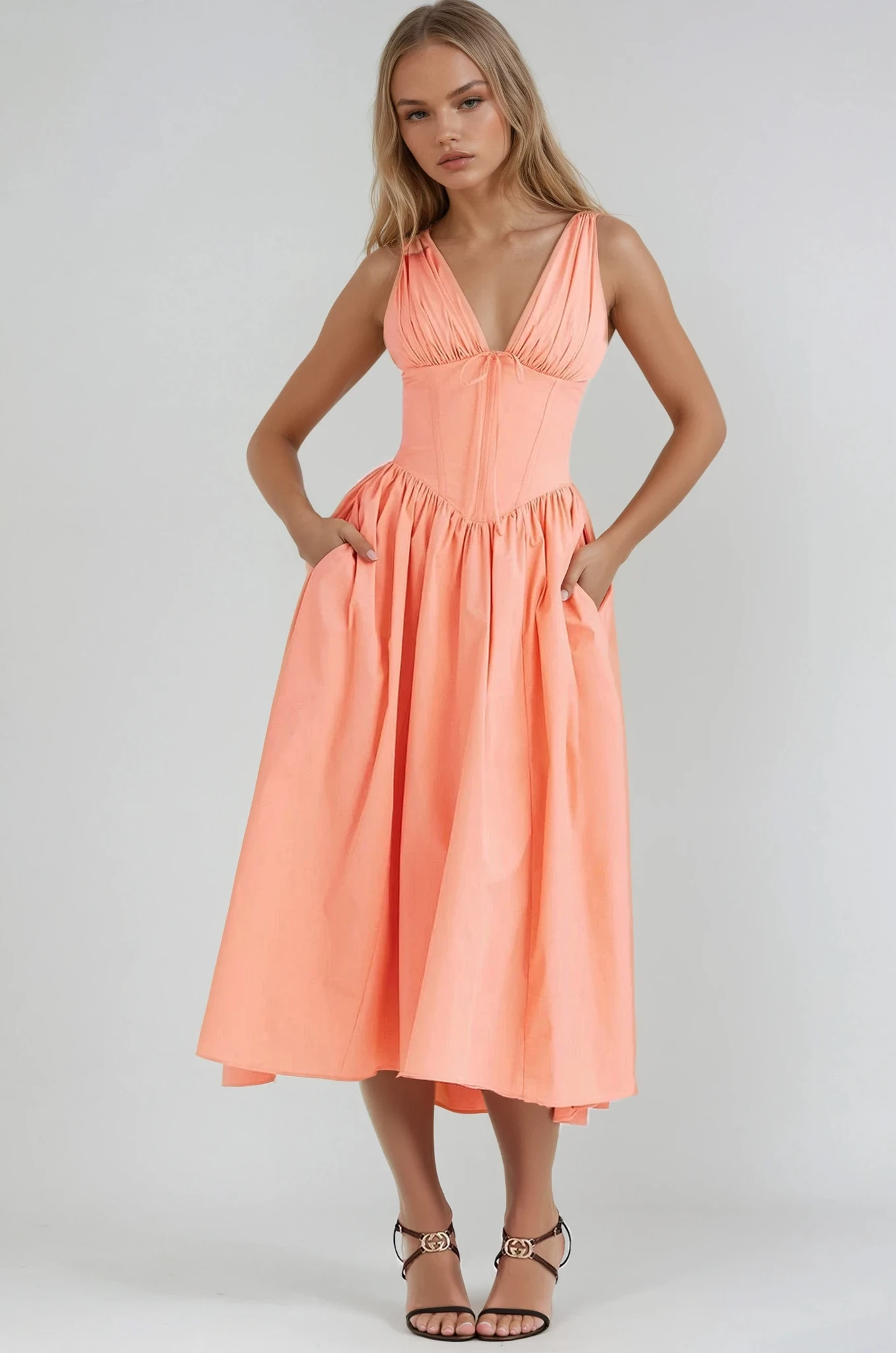 Amelia - Elegant Floral Printed High Waist Midi Dress