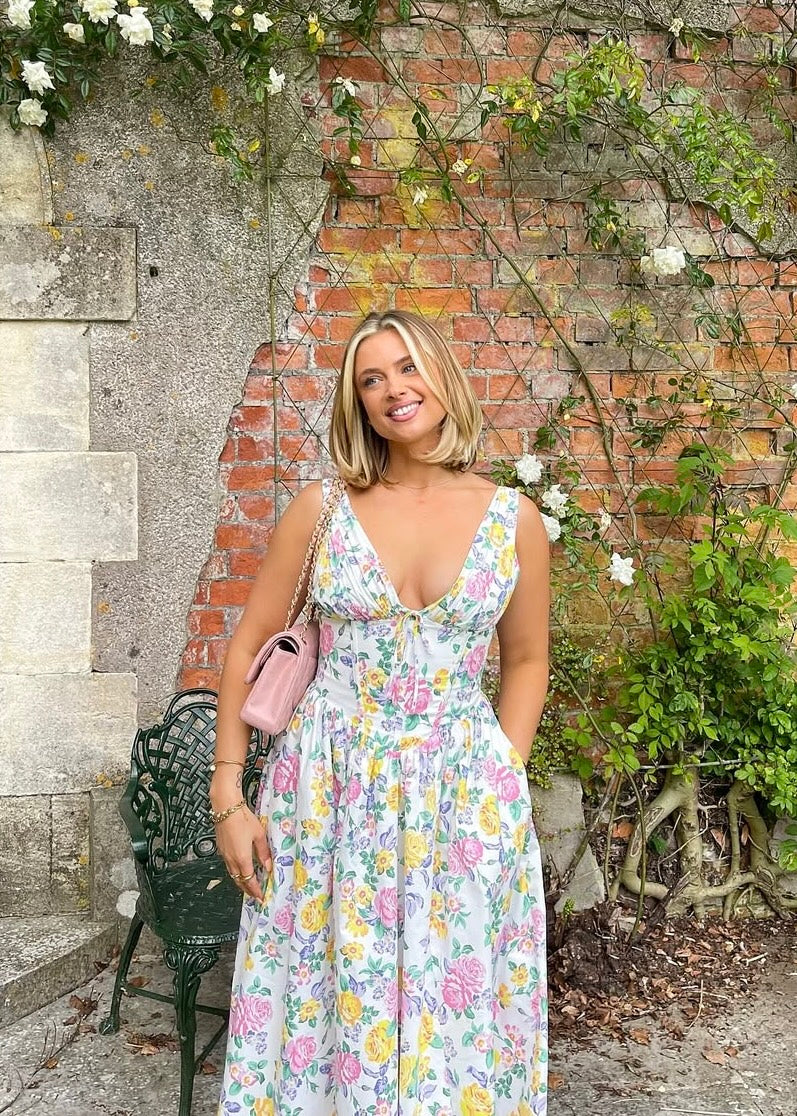 Amelia - Elegant Floral Printed High Waist Midi Dress