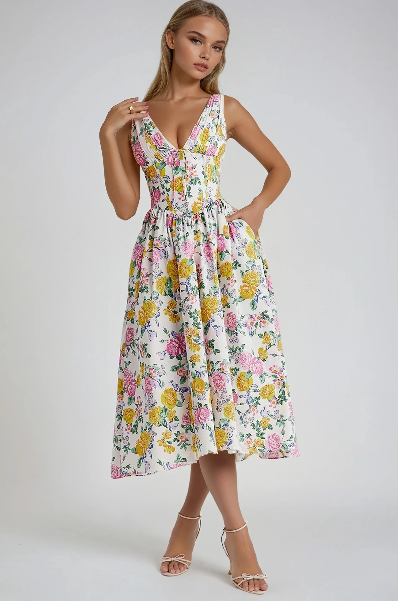 Amelia - Elegant Floral Printed High Waist Midi Dress