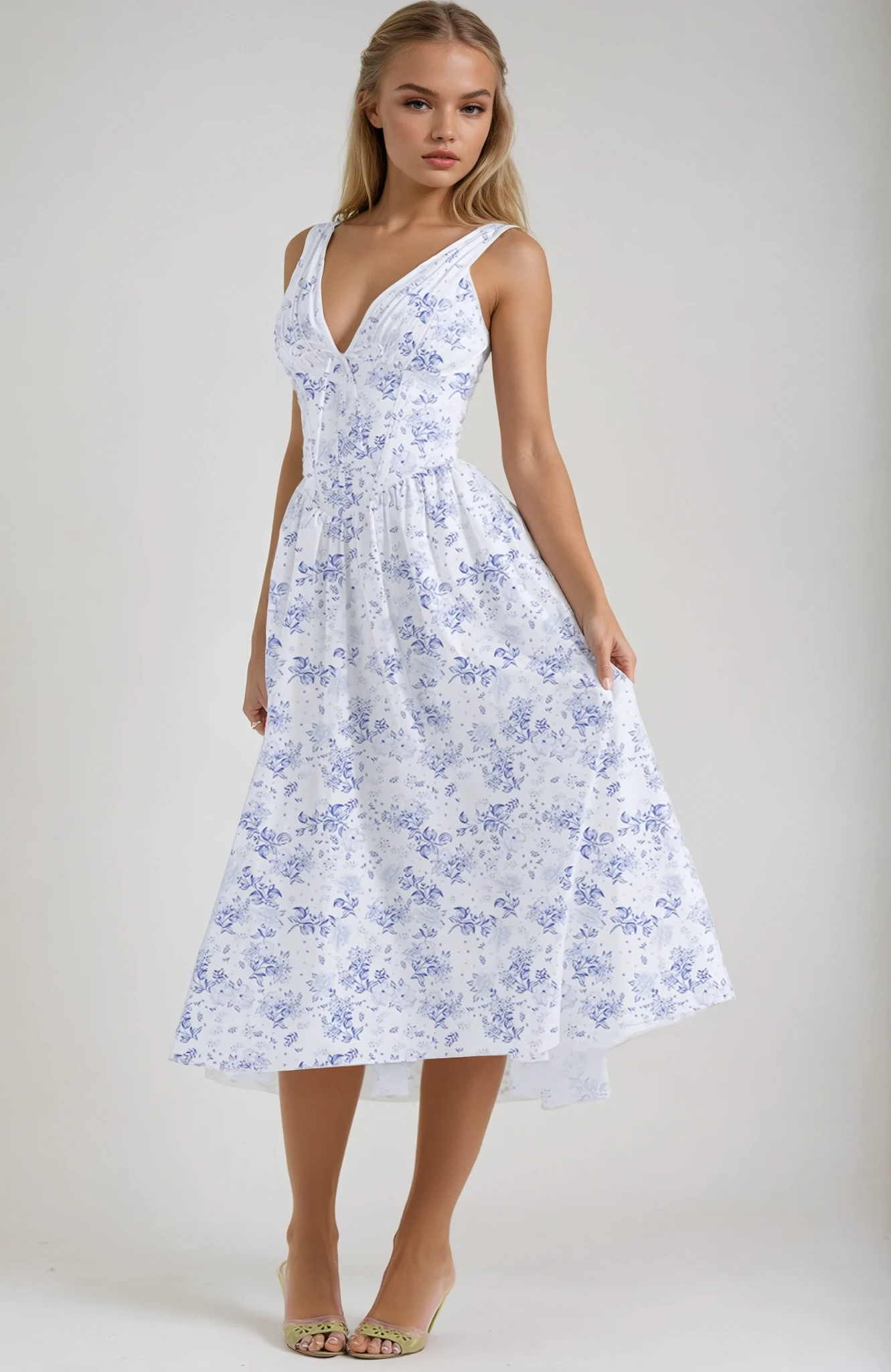 Amelia - Elegant Floral Printed High Waist Midi Dress