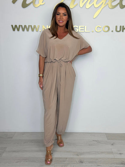 2025 Cotton jumpsuit with V-neck and tie belt