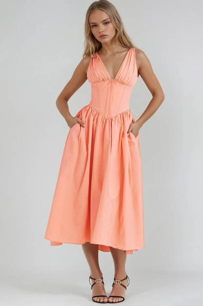 Amelia - Elegant Floral Printed High Waist Midi Dress