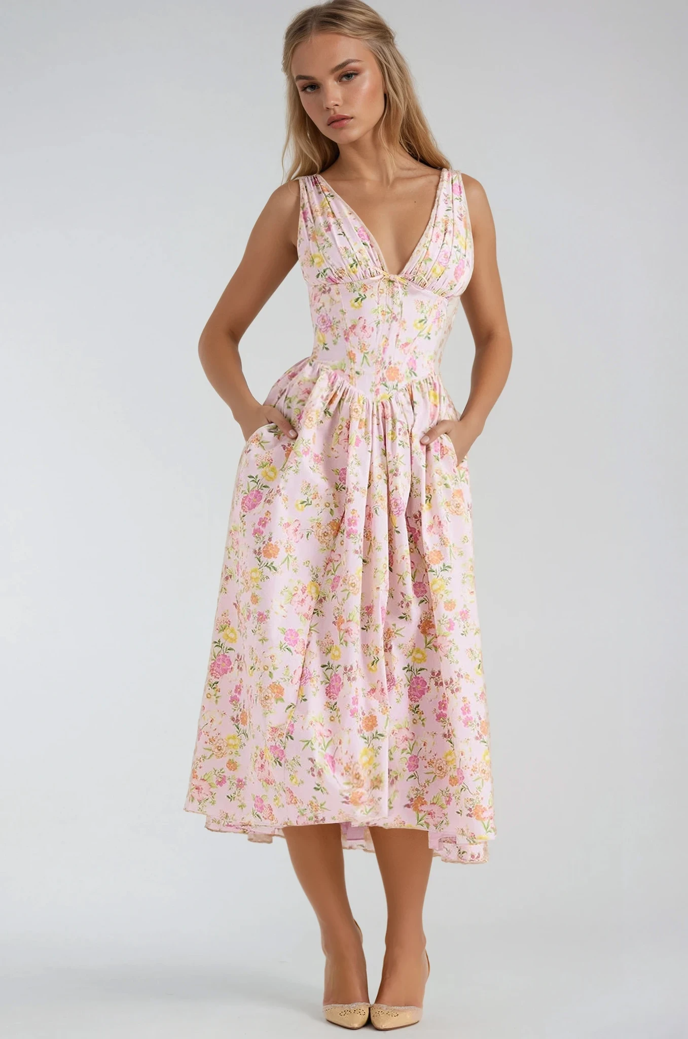 Amelia - Elegant Floral Printed High Waist Midi Dress