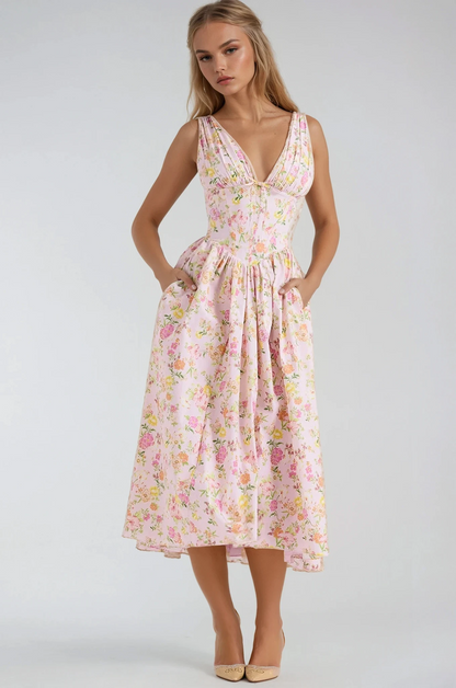 Amelia - Elegant Floral Printed High Waist Midi Dress