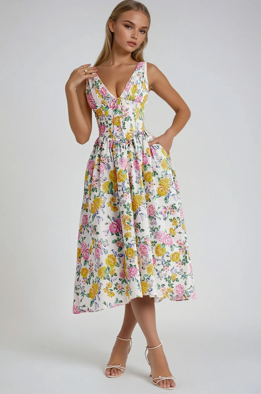 Amelia - Elegant Floral Printed High Waist Midi Dress